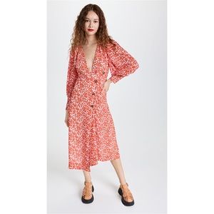 New GANNI Printed crepe midi dress in Orange dot com mini floral Size 36